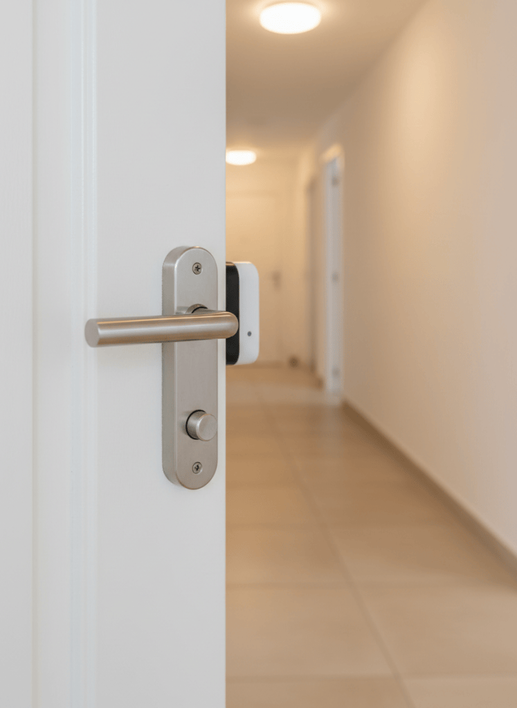 A close-up, photographic image of a robust, modern security lock on a sturdy white apartment door in Alicante. The lock features a high-security euro cylinder with a brushed steel finish and a polished chrome handle, next to a small, discreet electronic smart lock module reminiscent of Nuki. The door opens to a softly blurred corridor with beige tiles and clean walls. Warm indoor lighting from a ceiling lamp casts gentle, realistic reflections on the metal surfaces, emphasizing reliability and precision. Shot at eye level with shallow depth of field, the lock occupies the rule-of-thirds intersection, creating a professional, trustworthy mood that communicates urgent 24/7 locksmith service without any visible people or text.