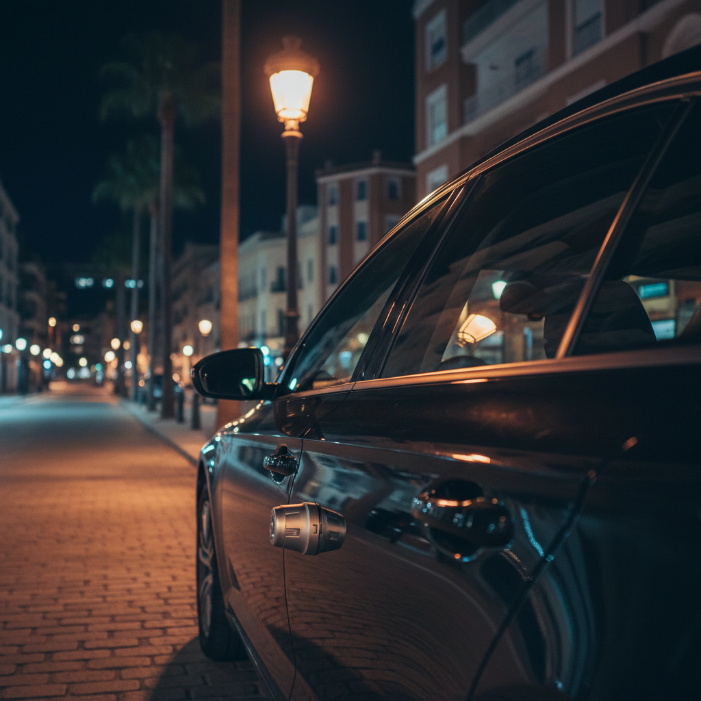 A realistic nighttime street scene in Alicante focusing on the driver’s side of a modern, dark-colored car parked under a streetlamp. The camera is positioned at a slight angle, highlighting the closed door, side window, and a high-security vehicle lock cylinder, without showing any key or key copy. The background shows softly blurred palm trees, subtle city lights, and distant apartment buildings. The cool, ambient street lighting mixes with the warm glow of the lamp, creating crisp reflections on the car’s glossy paint and glass. The atmosphere is calm yet urgent, suggesting a 24-hour emergency locksmith response, with photographic realism and a clean, professional composition that avoids any human presence.