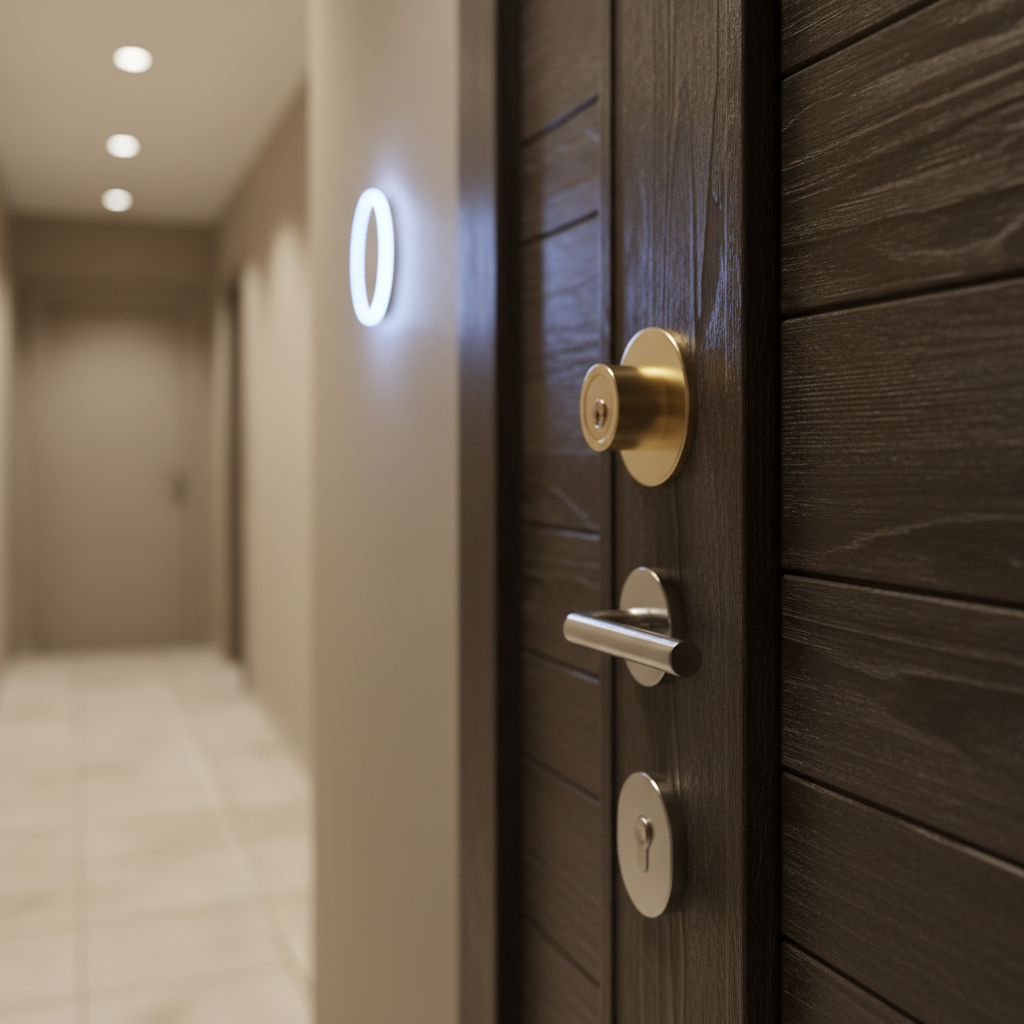 A realistic close-up of a modern apartment entrance in Alicante, showing a reinforced security door with multiple locking points. The textured, dark-wood door features a high-security bombín cylinder, anti-bump shield, and a sturdy steel handle, all rendered with crisp metallic reflections. Beside the doorframe, a minimalist, glowing 24/7 indicator light subtly hints at around-the-clock emergency service without any text. The corridor beyond is softly blurred, with neutral walls and ceramic flooring. Warm, diffused ceiling lighting casts gentle shadows along the door’s grooves, creating a calm yet secure atmosphere. Captured at a slight angle using the rule of thirds and shallow depth of field, the composition highlights reliability, discretion, and professional locksmith expertise.