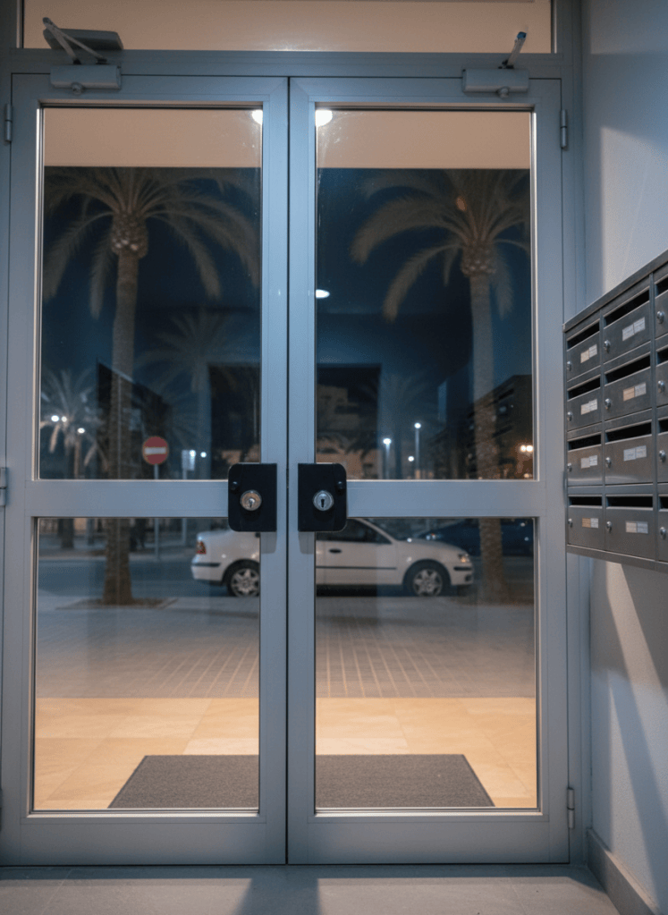 A cinematic nighttime building entrance in Alicante, captured in photographic realism, focusing on a glass-and-aluminum community doorway with a secure central lock system. Multiple stainless-steel mailboxes line one side, softly blurred, while the main subject is a glossy aluminum door frame with a high-security central lock and visible reinforced cylinder. Outside, a parked vehicle and palm-lined street are defocused but recognizable. The scene is lit by cool exterior lights and a warm interior lobby glow, creating contrasting reflections on glass and metal. Shot from a low, slightly angled perspective with moderate depth of field, the image conveys quick, professional 24/7 locksmith intervention for building entrances, without showing any people, keys, or text.